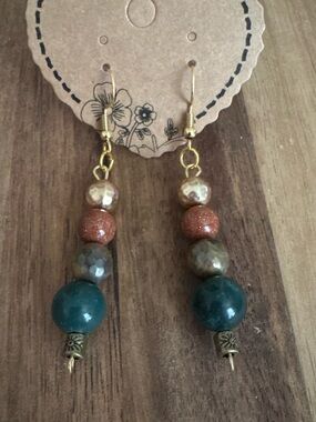 Handcrafted Beaded Drop Earrings w/ Indian Agate, Goldstone, Plated Tigers Eye